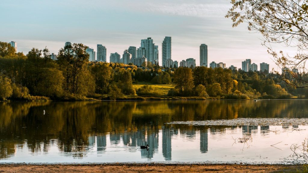 Deer Lake with the Burnaby skyline behind the trees