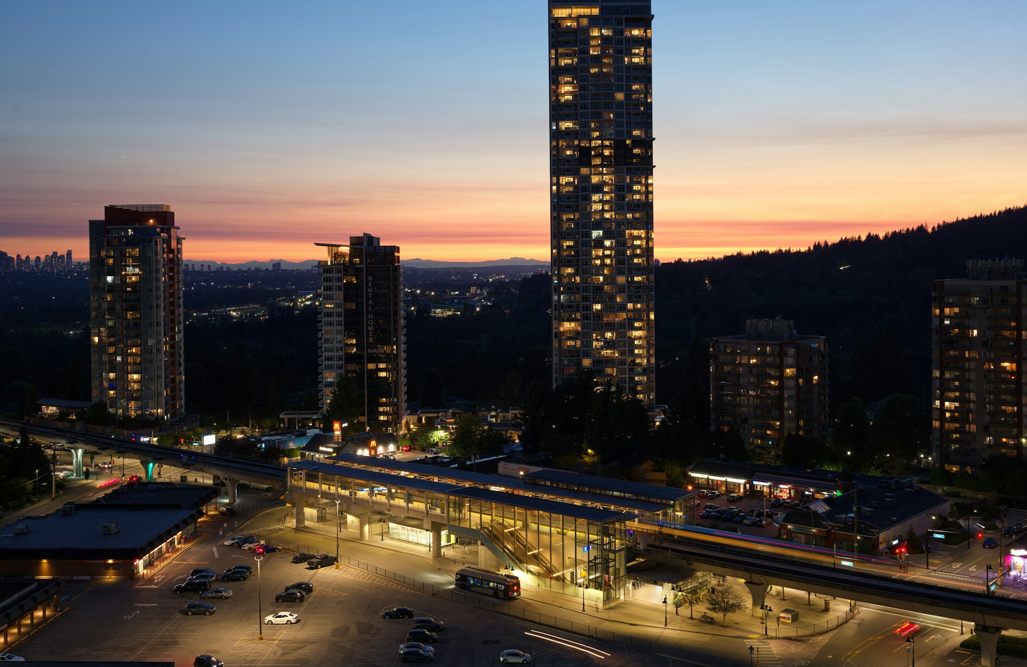 High-rise towers and the SkyTrain station in Coquitlam City Centre