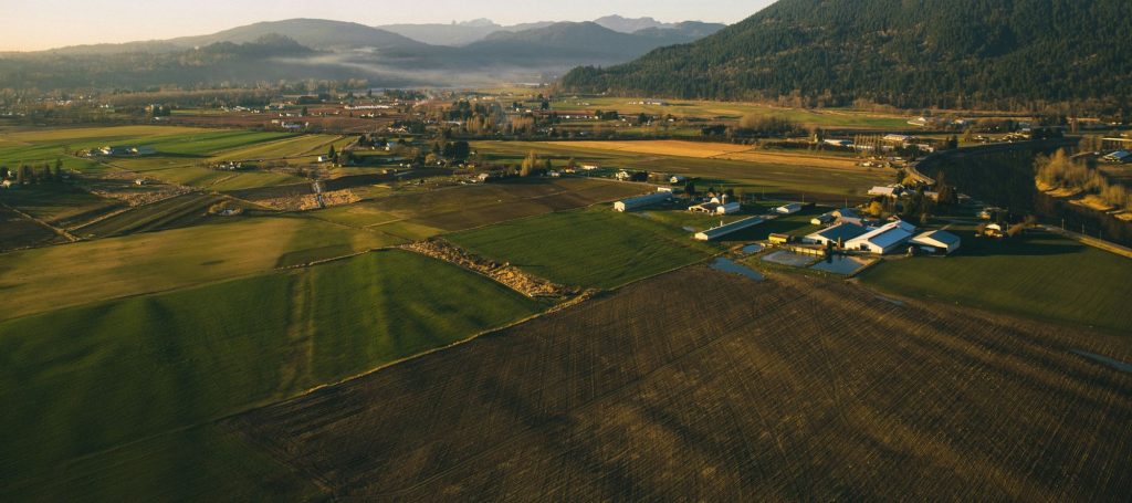 Farmland and mountains in Langley from the air