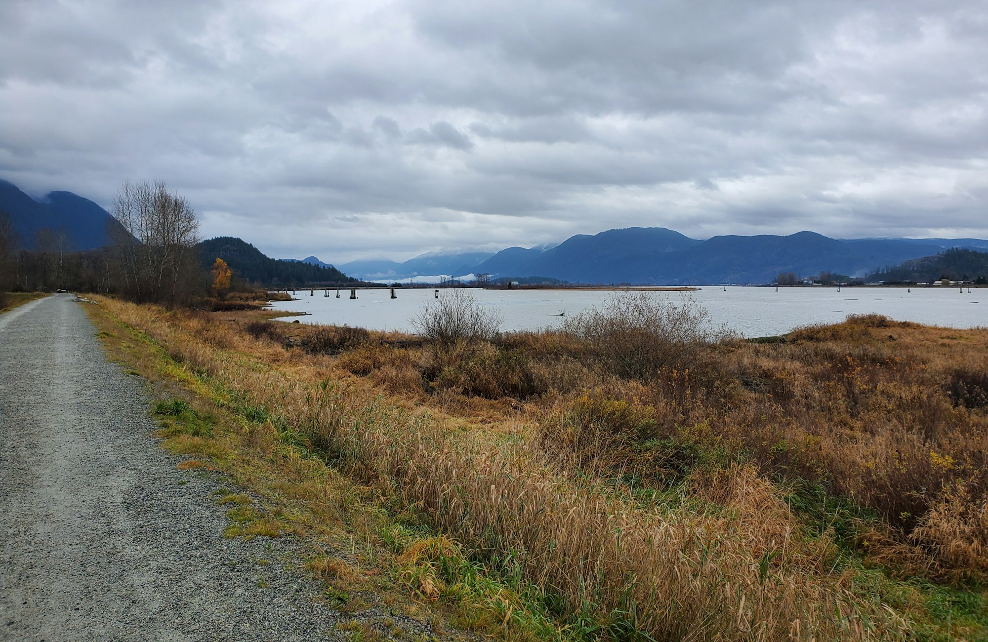 Gravel dyke trail beside the river with mountains in Port Coquitlam