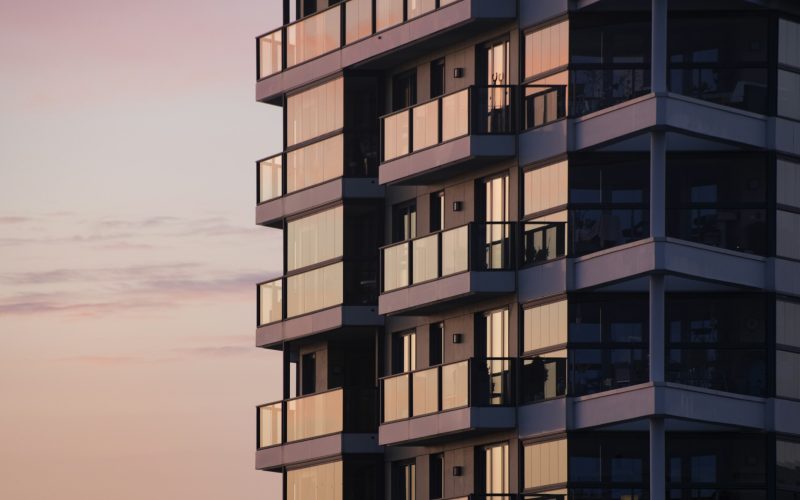 Apartment building at sunset